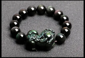 

18mm Natural Black Obsidian Rainbow Light Gemstone Bracelet Pi Xiu Pendant Round Beads Stretch Bracelets Man Lady AAAAA