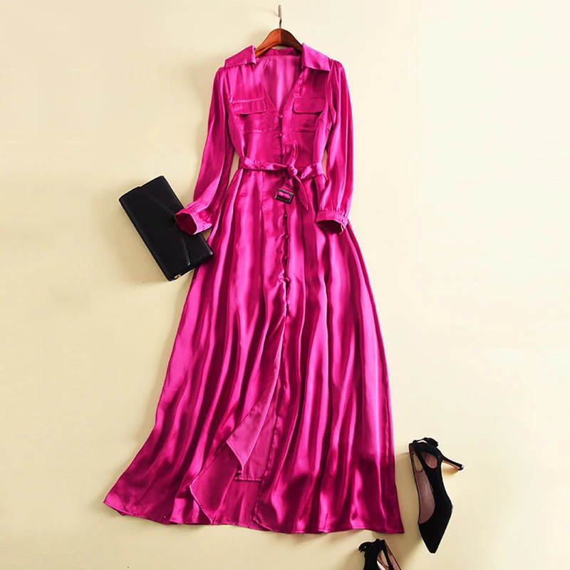 

2019 Trench maxi dress lady Ankle length long Runway Long Dress Pocket style sashes Women's Long Sleeve V-neck Buttons Dress