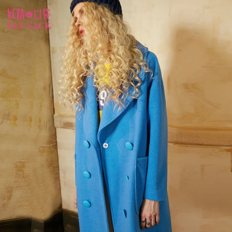 ELFSACK зимнее женское пальто из смешанной шерсти, однотонное длинное женское пальто, двубортное Женское шерстяное пальто с отложным воротником - Цвет: Blue