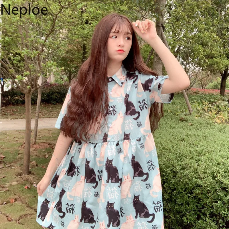 

Neploe Japanese Cat Printed Dress Short-sleeved Turn-down Collar Doll Dresses Female 2019 Summer New Loose Sweet Vestidos 52508
