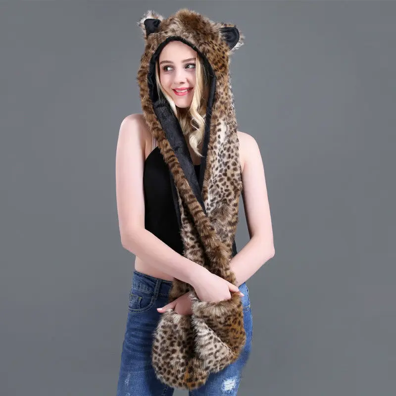 10 Styles Faux Fur Hood Animal Hat Ear Flaps Hand Pockets 3 in1 Animal Hat Wolf Plush Warm Earmuff Animal Cap with Scarf Gloves - Цвет: as picture