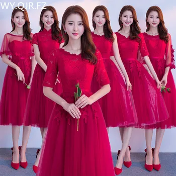 

JYX79#O-Neck half sleeve lace up Medium and long style wine red Bride' Bridesmaid dresses wedding party prom dress girl 2019 new