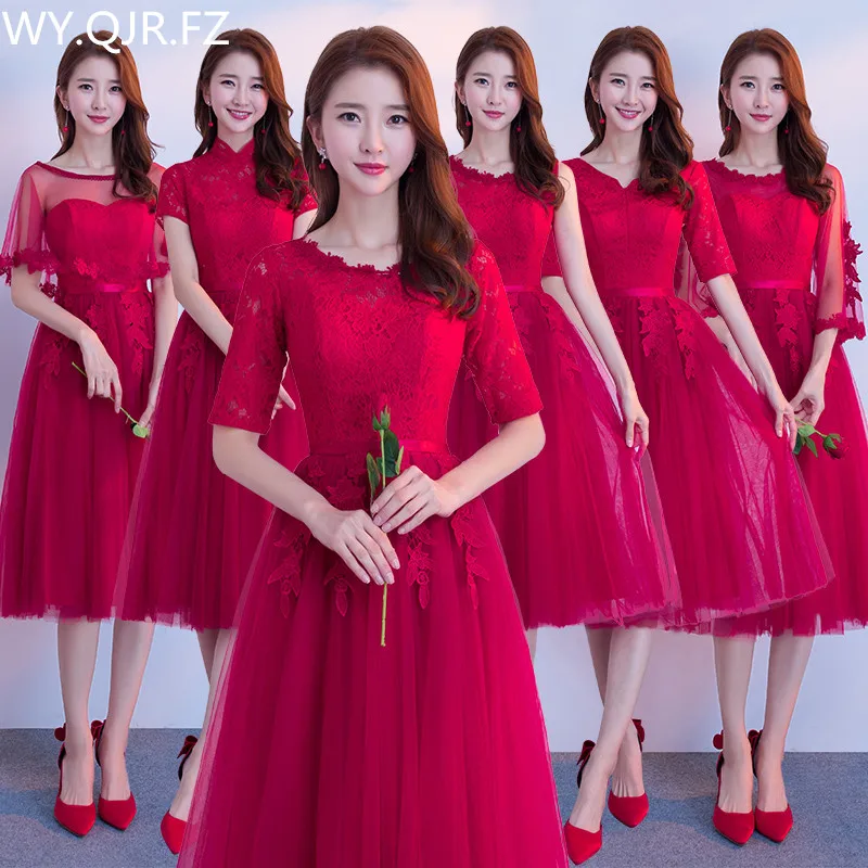 

JYX79#O-Neck half sleeve lace up Medium and long style wine red Bride' Bridesmaid dresses wedding party prom dress girl 2019 new