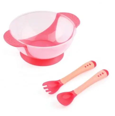 3 шт./лот, миска для детей ясельного возраста, крышка для кормления, Обучающие блюда с ложкой, вилкой, Детские тарелки, набор для кормления ребенка, миска - Цвет: pink spoon fork