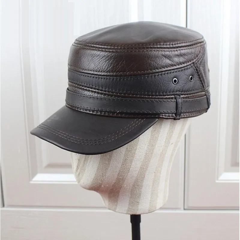 

Fall Winter Genuine Leather Hat Male Flat-topped Visor Cap Men Middle-aged Elderly Warm Fashion Protector Ear Casual Hats H6962