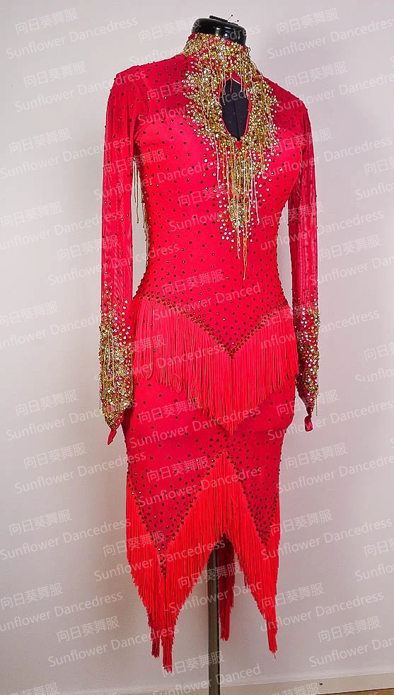Rumba Jive Chacha Latin Dance Dress ballroom dress dancewear Red fringe
