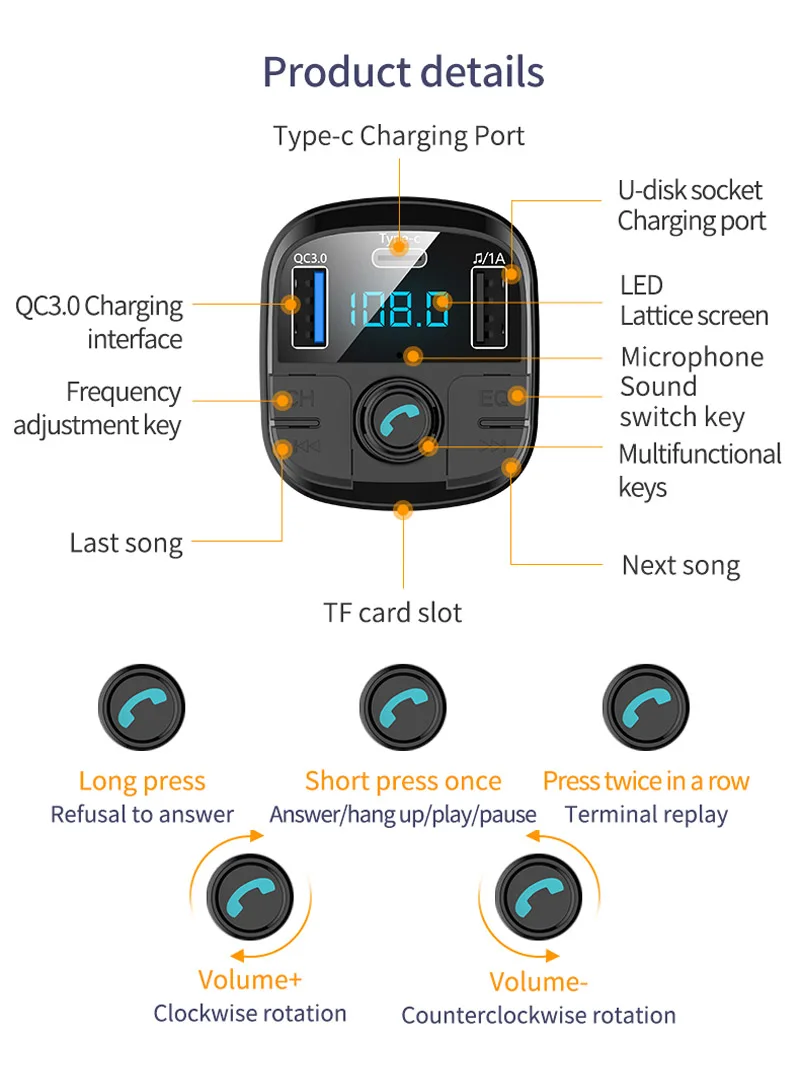 Автомобильный комплект jajabor с Bluetooth беспроводной fm-передатчик громкой связи Автомобильный MP3-плеер с зарядным портом типа C QC3.0 Быстрая зарядка