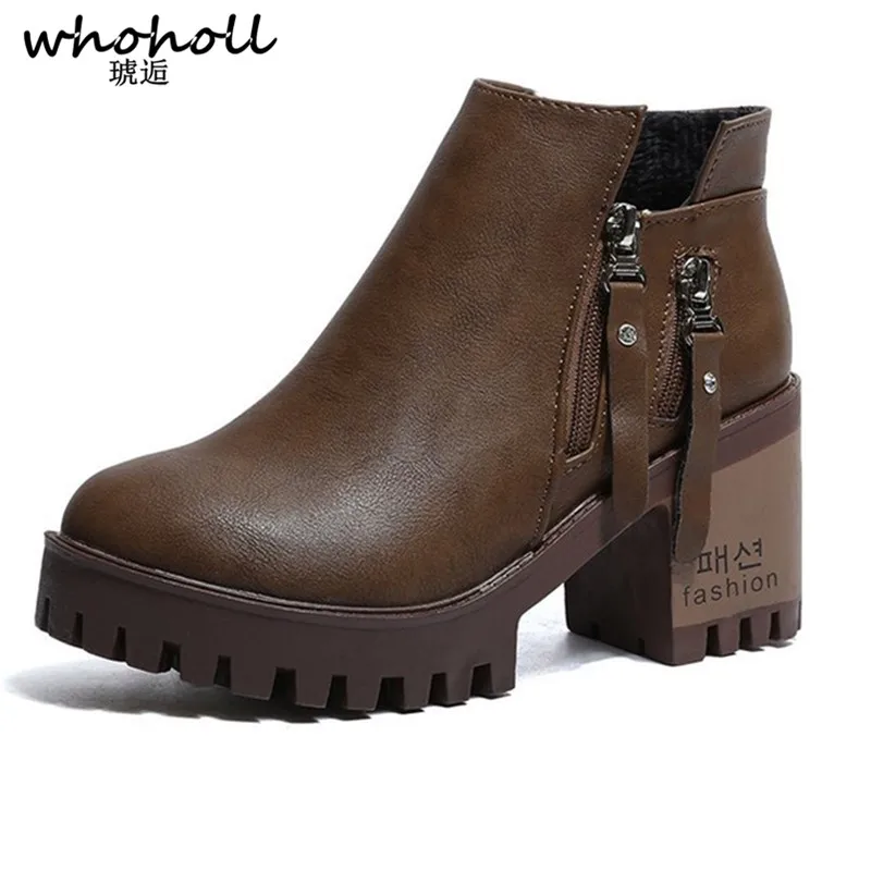 

WHOHOLL Women Boots 2018 Fashion Thick Heel Ankle Boots Women High Heels Autumn Winter Double Zipper Black Brown Platform Shoes