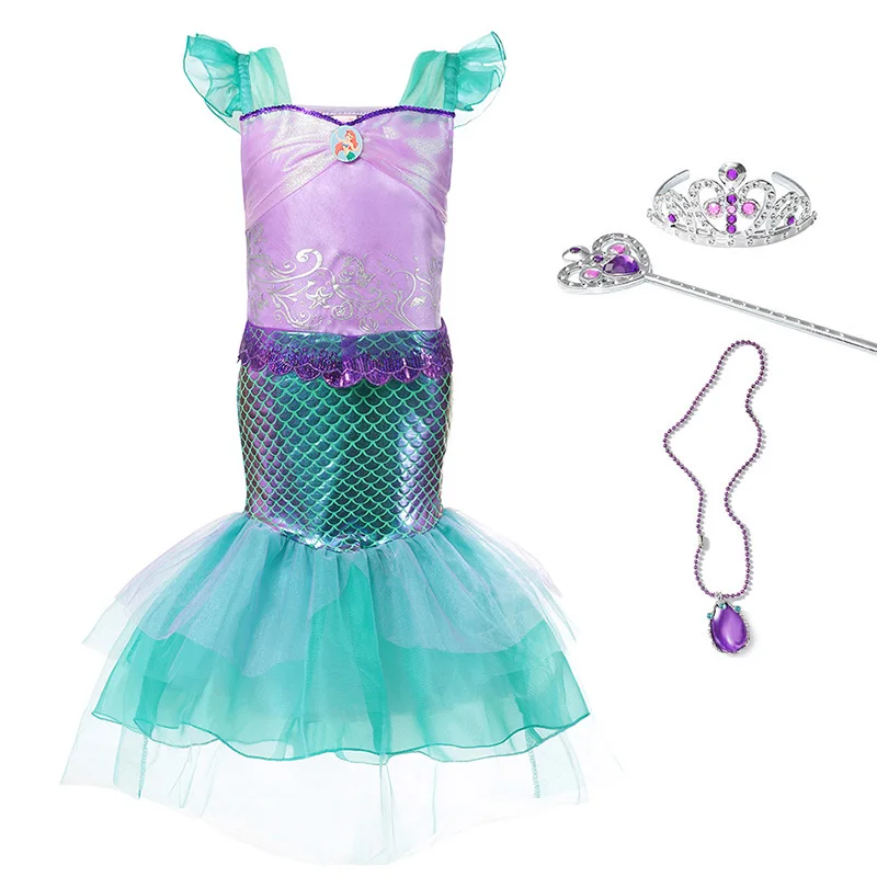 Платье принцессы Ариэль для девочек, наряжаться в костюм, детское платье с рукавами-лепестками и принтом, вечерние платья для девочек на карнавал, подарок на день рождения, платье Русалочки - Цвет: Dress Set 01