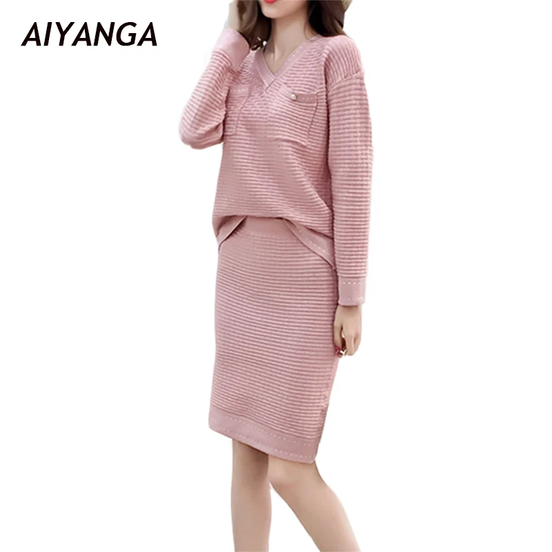 

New Fashion Knitted Women Sets 2018 Spring Autumn Long Sleeve V Neck Pullovers Tops Elastic Waist Pack Hip Skirts 2 Pieces Lady