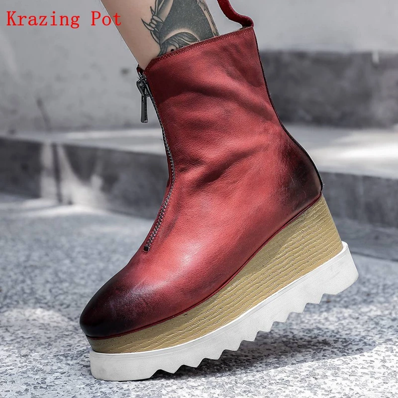 

Krazing Pot full grain leather Western boots thick bottom front zipper square toe mixed color European designer ankle boots L47