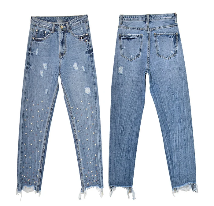 HCYO/джинсы с высокой талией, Женские джинсовые штаны, узкие прямые джинсы с кисточками и потертыми дырками с жемчугом, женские хлопковые джинсы, ковбойские штаны