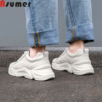 

ASUMER 2020 hot sale new shoes woman round toe lace up genuine leather shoes women Casual flats women comfortable sneakers women