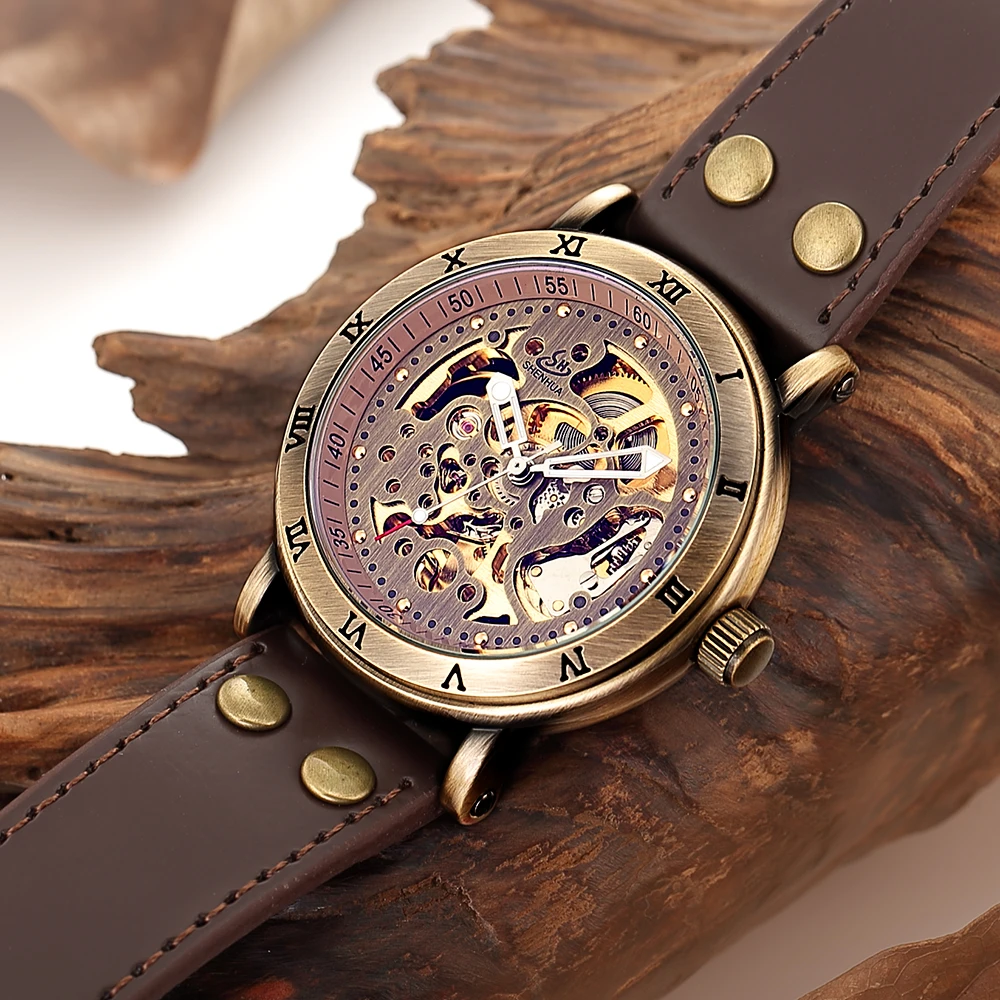 

SHENHUA 2018 Mens Watches Retro Bronze Tone Skeleton Steampunk Male Clock Automatic Casual Wristwatch Relogio Masculino