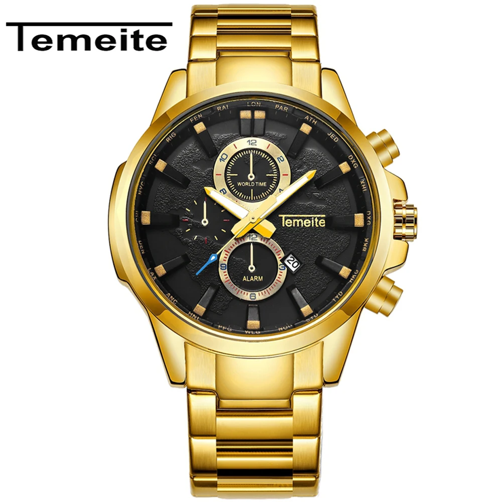 

TEMEITE New Original Mens Business Quartz Watches Top Brand Luxury Fashion Stainless Wristwatch Male Clock Date Display Relogio