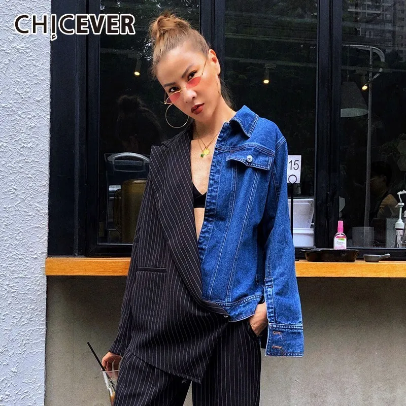 

CHICEVER Summer Streetwear Denim Patchwork Striped Women Coat Notched Long Sleeve Pockets Button Slim Irregular Blazer 2019 New