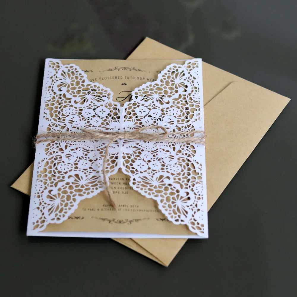 

OHEART Wedding Event Invitation Card Laser Cut Lace Openwork Invitation Cards White Elegant Pattern Holiday Party Decoration