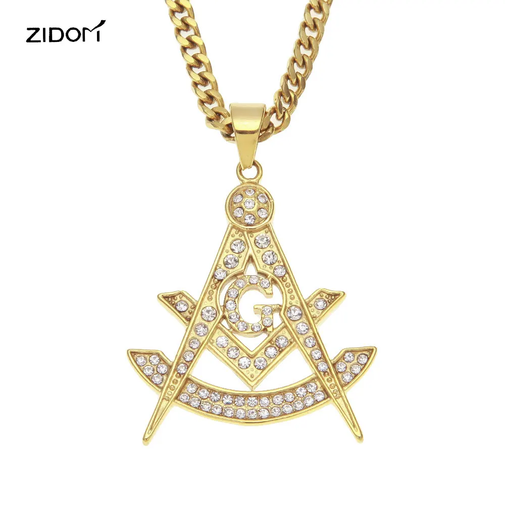 

2018 New Gold color Men Hiphop Stainless Steel with rhinestone masonic shape pendant necklaces vintage free mason necklace gifts