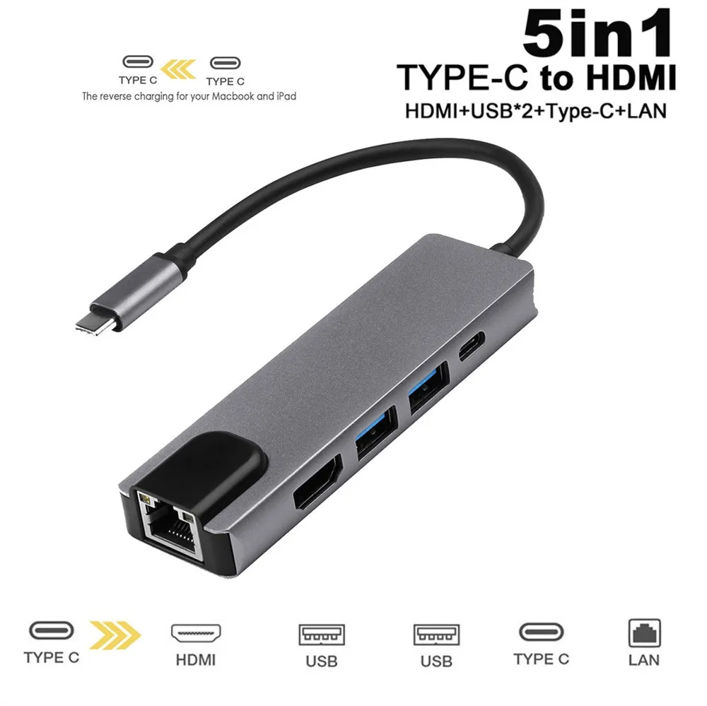 

5in1 USB 3.1 USB-C Rj45 Lan Adapter USB 3.0 Hub HDMI 4K HD 1000M Type C Hub with TypeC PD Charging Adapter for Macbook Pro#Y