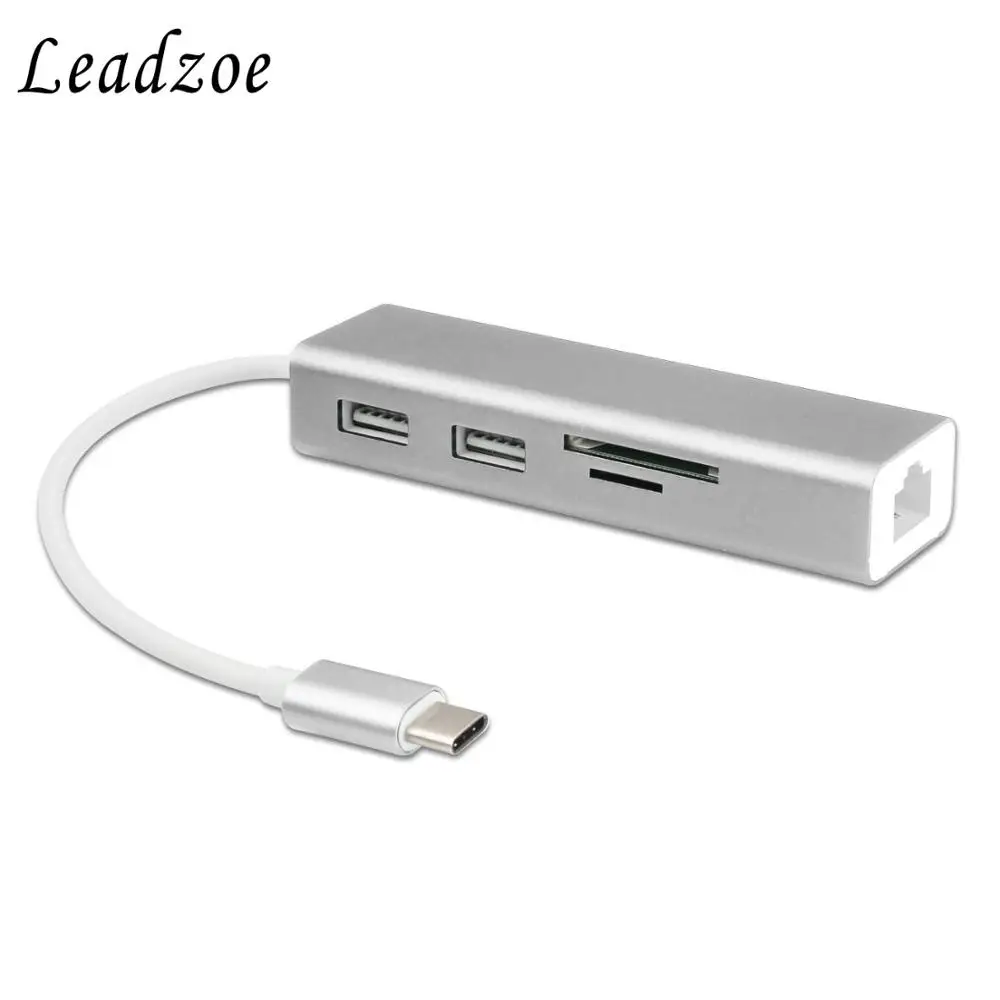Silver USB C концентратор, Leadzoe Тип C адаптер с 2 портами(стандарт 3,0 концентратор разделитель Порты и SD устройство для считывания с tf-карт и rj45 сеть Gigabit Ethernet конвертер - Цвет: Silver