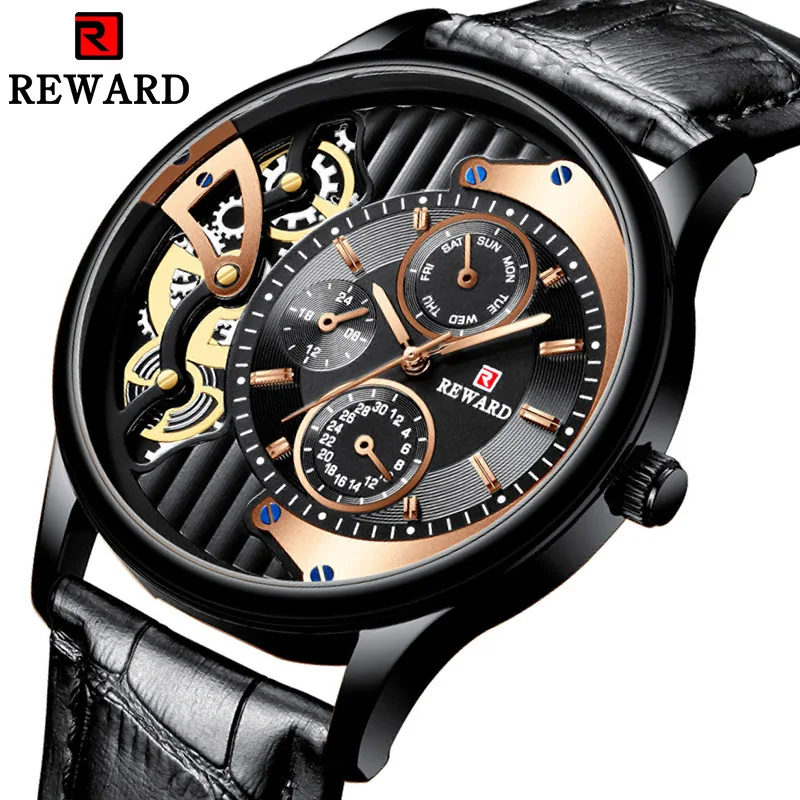 

REWARD 2019 Hot Brand Men's Watch Waterproof Calendar Week Hollow Relief Dial Leather Strap Men Watches Relogio Masculino saati