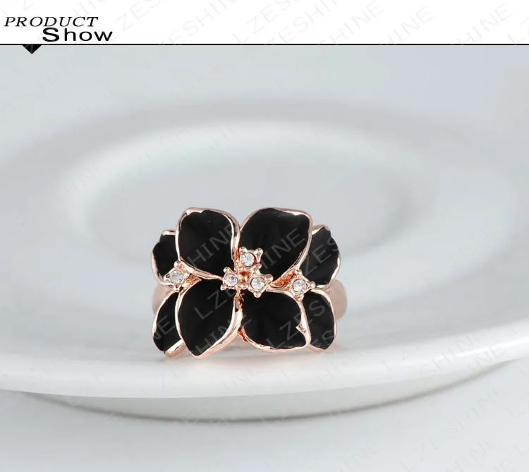 Beagloer Hotting Sale Jewelry Ring With Rose Gold Color Austrian Crystal Black Enamel Flower/Wedding Ring For Women Ri-HQ1006