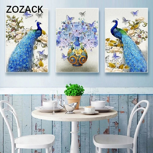 

Zozack Needlework DIY MDC Printed Blue peacock triptych Cross stitch Sets For Full Embroidery Cross-Stitch kit Home Decoration