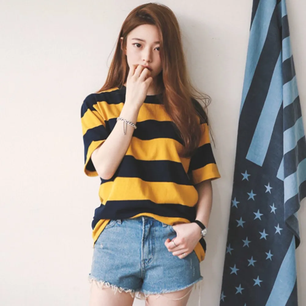 

Summer Women T-shirt Fashion Korean Striped T-Shirt Short Sleeve Round Neck Tee Tops All-matched Loose Casual Female Shirt Tops