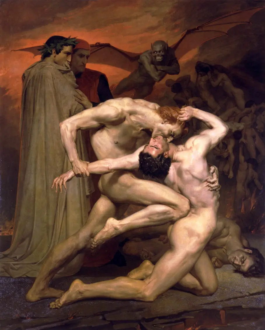 100% Dipinto A Mano Dream-Art Pittura A Olio Dante E Virgil In Hell & Man-Mangiare Demon Strong Nudes