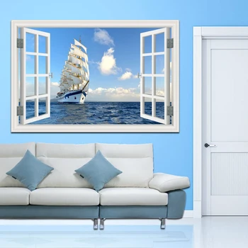 

Sailing Boat on the Sea High Quality 3D Wall Art Removable Wall Sticker Sailboat Sea Landscape Creative Window View Home Decor
