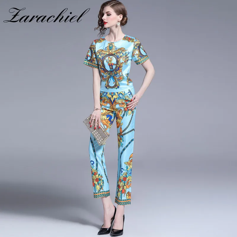 

Runway Designer Suit Set 2019 Summer Women's Short Sleeve Retro Flower Print Pullover Top Ankle-Length Pants Set Pencil 2PCS Set