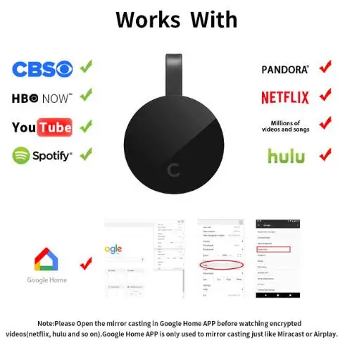 

Miracast WiFi Dongle NetFlix YouTube for Google ChromeCast Ultra 2 CromeCast Chrome Crome Cast G2 Home Smart HD TV Mirroring