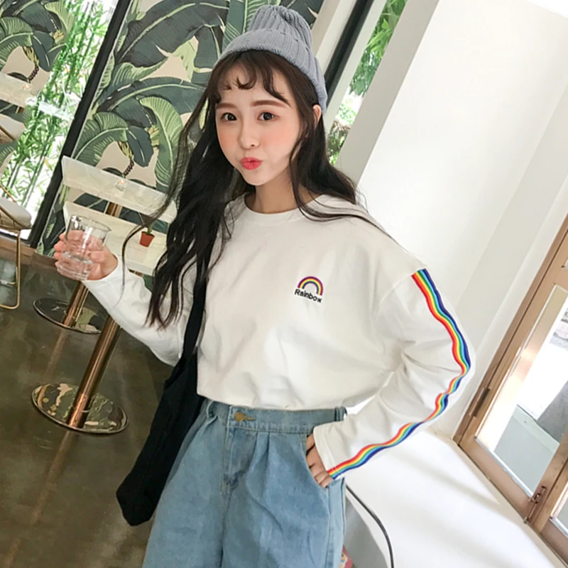 

Autumn T-shirt Femme 2019 Korean Style Ulzzang Harajuku Rainbow Striped Tee Shirt Women Casual O-neck Long Sleeve Tshirt Top
