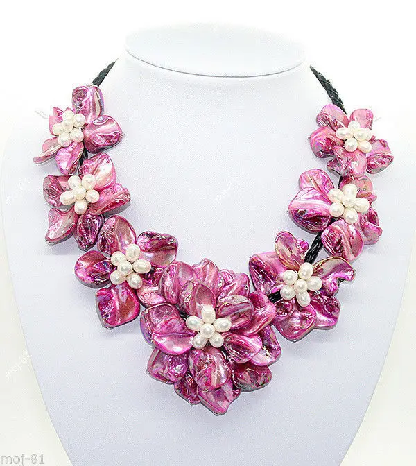 

FREE SHIPPINGStunning Handmade Freshwater Pearl Sea Fuchsia Shell Flower Leather Necklace 18