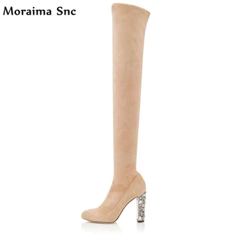 

Moraima Snc fashion women Boots handmade vintage suede crystal round toe high heel over-Knee-high Gladiator boot Square heel