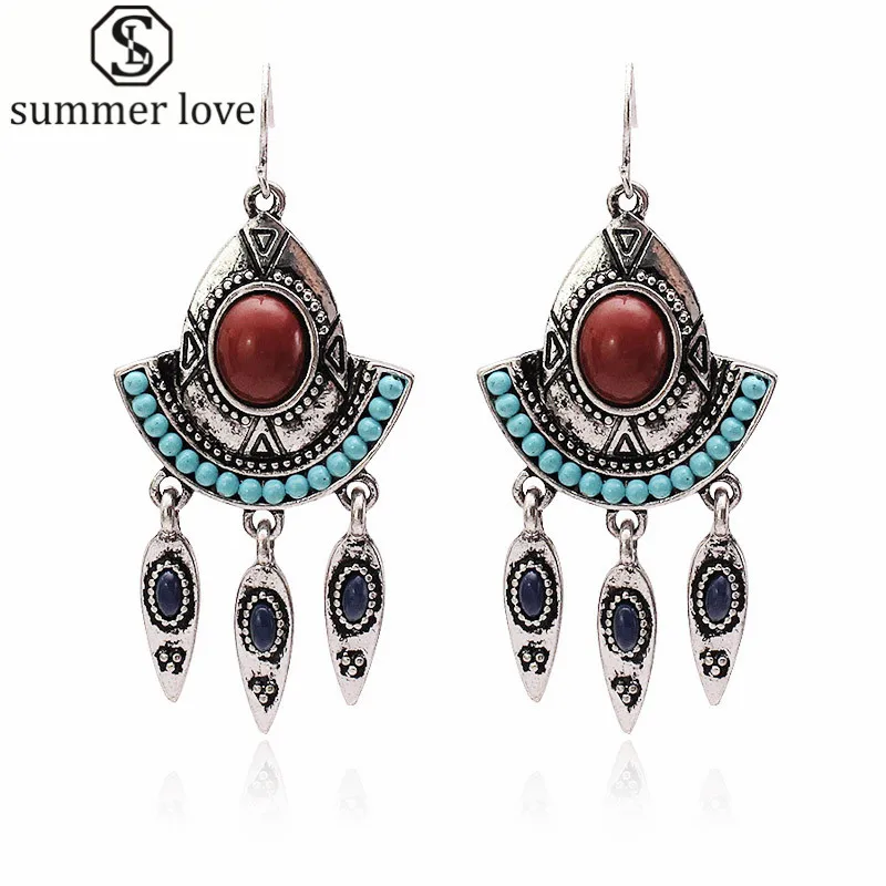 

Boucles D'oreilles Hippie Boho Earrings Retro Red Blue Stone Earrings In Drop Earing Chic aritos de mujer Craft Fashion Jewelry