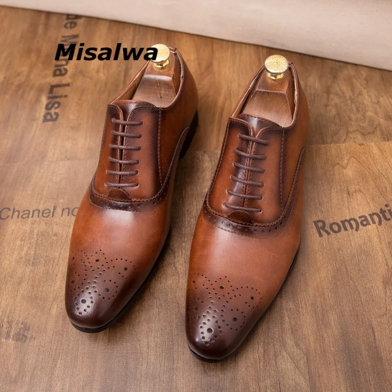 Men/'s Oxford Business Brown Burnished Brogue Toe Handmade Genuine Leather Shoes