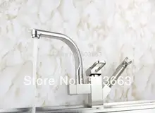 Оптовая продажа вытащить и поворотный двойной выход Матовый никель кухонная мойка латунь кран раковина смеситель судно кран S-115