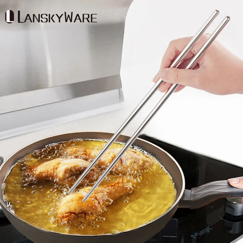 LANSKYWARE Chinese Stainless Steel Chopsticks Reusable Anti-Skip Long Handle Chopstick Set For Fry Beef Food Sticks Hashi | Дом и сад