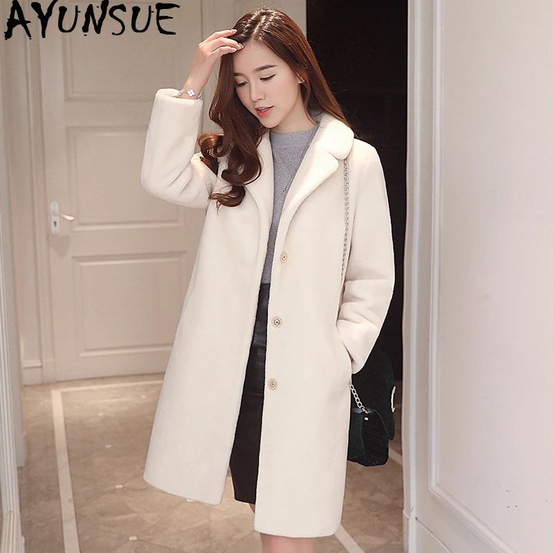 

AYUNSUE 2019 Real Fur Coat Female Autumn Winter Woman Coat Korean Jacket Sheep Shearing Wool Fur Coats Long Abrigo Mujer KJ893