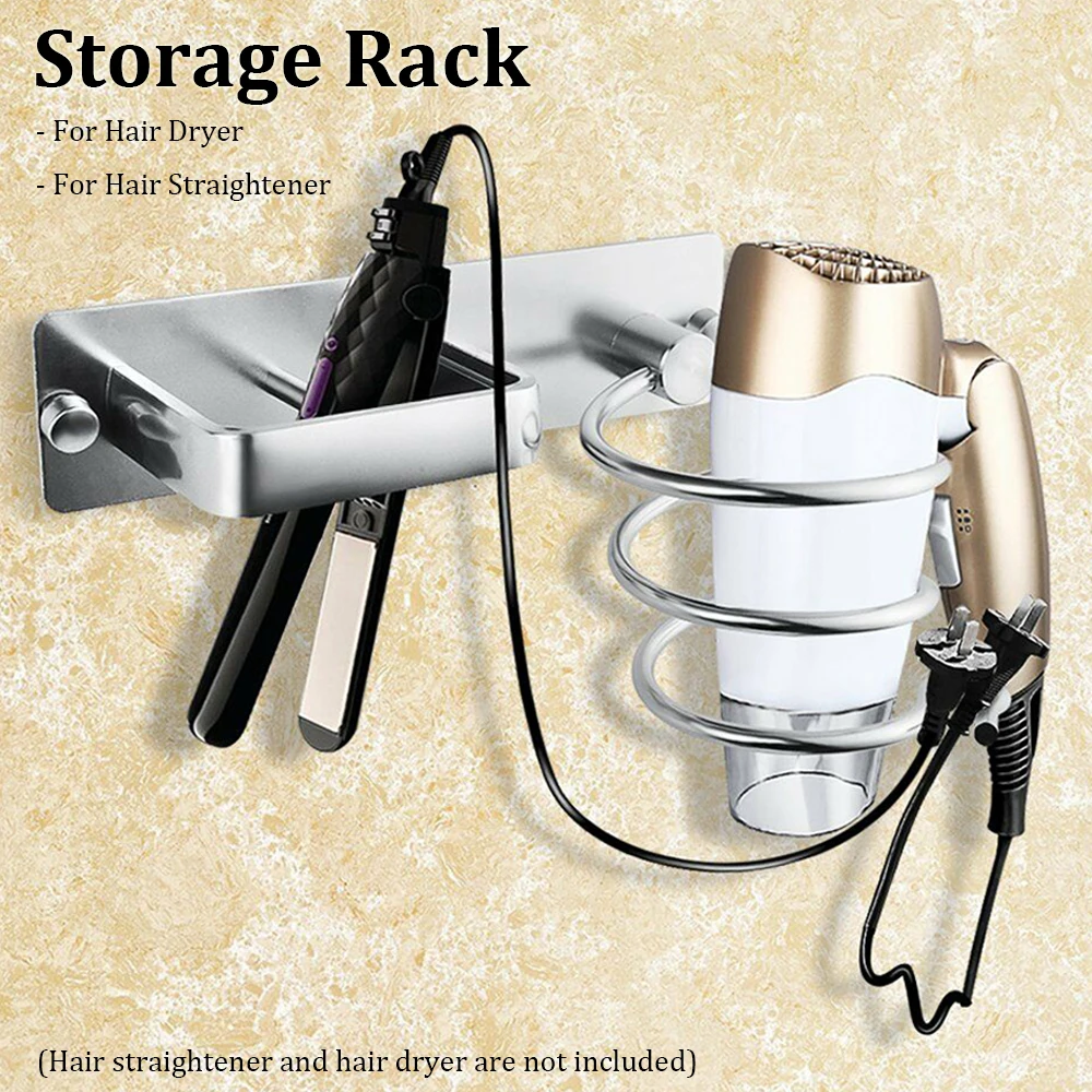 

Aluminum Bathroom Shelf Wall Mounted Hair Dryer Rack Organizer Straightener Holder Washroom Supplies