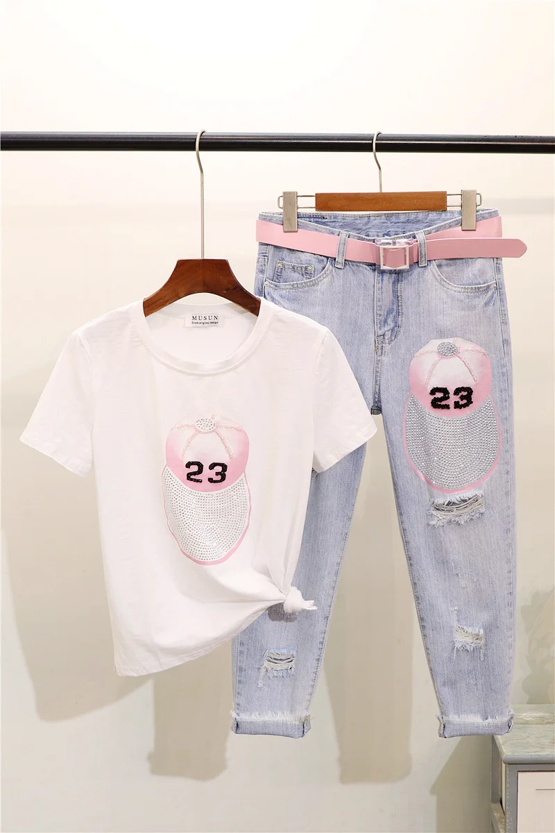 Женская футболка ALPHALMODA с коротким рукавом рваные джинсы карандаш модный костюм
