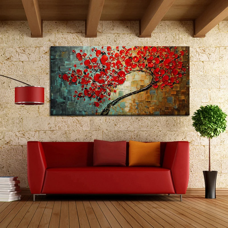 

Free shipping Abstract Red Flower Tree Knife Oil Painting On Canvas Beautiful Picture Wall Art Home Decor Nice Gift