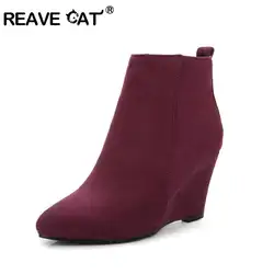 REAVE CAT/2018 г. Зимние женские ботильоны на молнии модная однотонная обувь из флока на танкетке с острым носком ботинки на высоком каблуке mujer