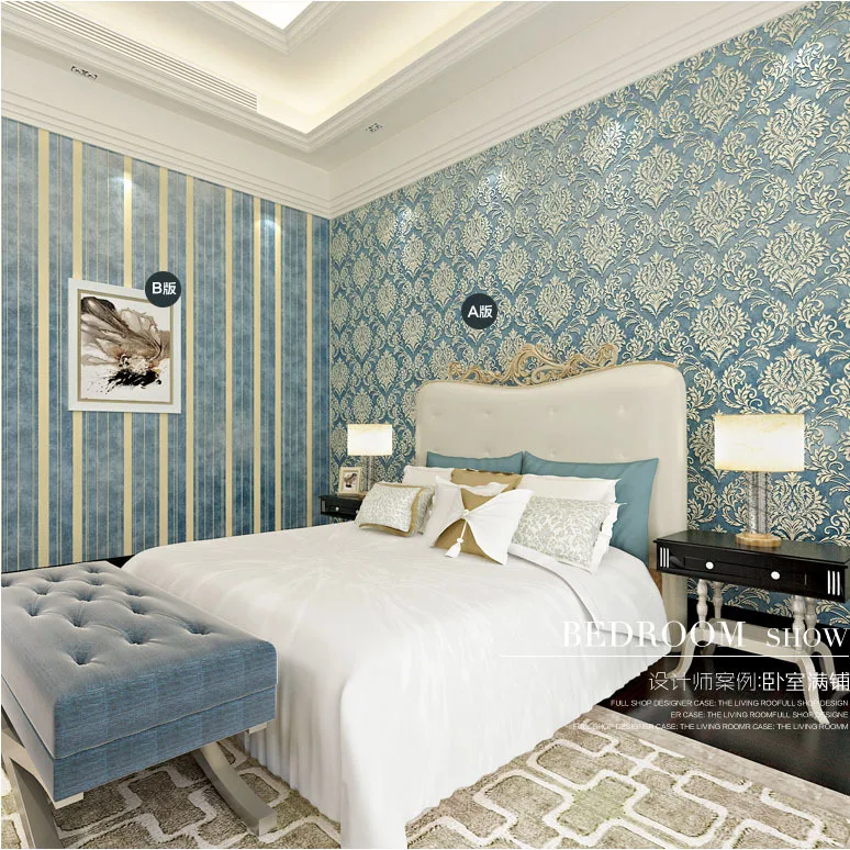 

Wholesale AB 3d flocking wall paper blue embossed stripe wallpaper rolls for bedding room 3d Damask wallcovering roll