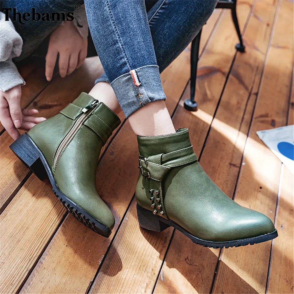 

Thebams 2018 New Leather Rivets Booties Buckle Straps Thick Heel ArmyGreen Ankle Boots Studded Decorated Motorcycle woman Boots