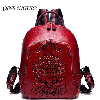 

QINRANGUIO Genuine Leather Backpack Women 100% Cow Leather Women Backpack 2020 Chinese Style Backpacks with Flowers Mochila