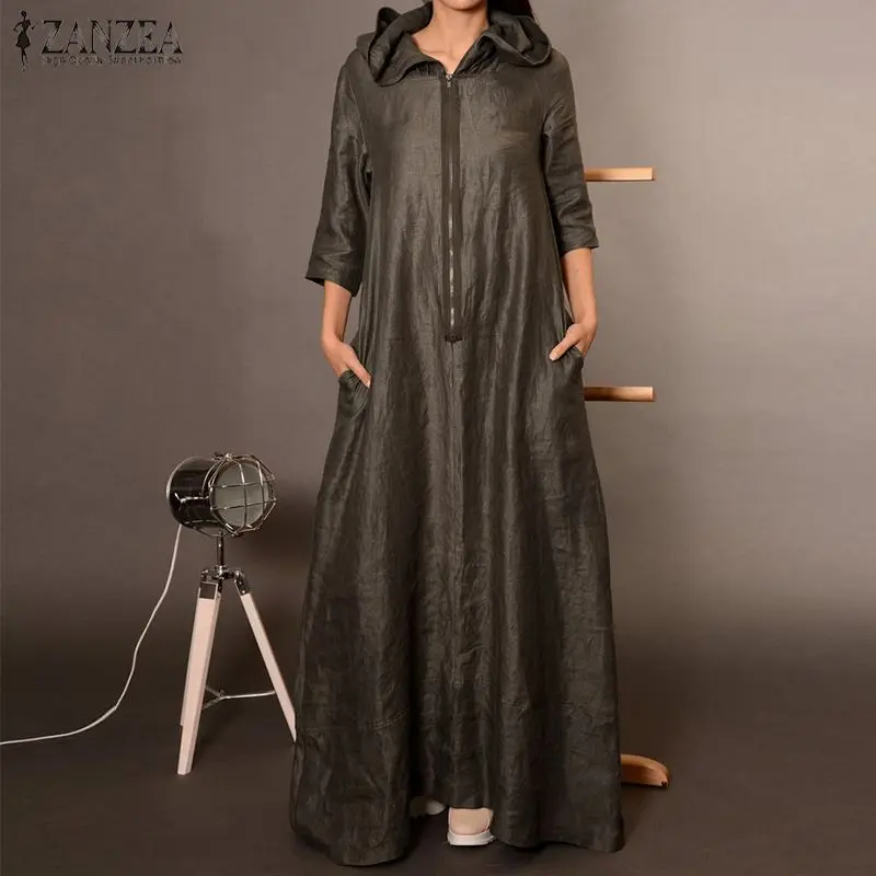 Ceny ZANZEA kobiety w stylu Vintage sukienka z kapturem jesień 3 4 rękaw Zipper Maxi długa sukienka letnia elegancka damska praca OL solidna Vestido Kaftan Robe