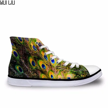 

Customized High top canvas Men sneakers vintage vulcanized lace up flat shoes Male brown peacock 3D print boy outdoor footwear