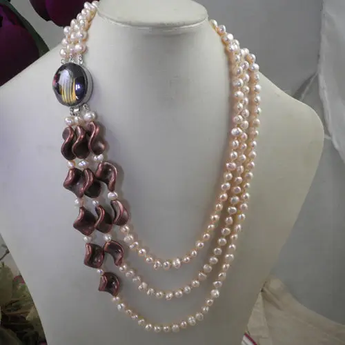 

Jewelr 004458 UNIQUE 3-ROW GENUINE PINK PEARLS+BROWN BEADS+TIGER EYE CLASP NECKLACE